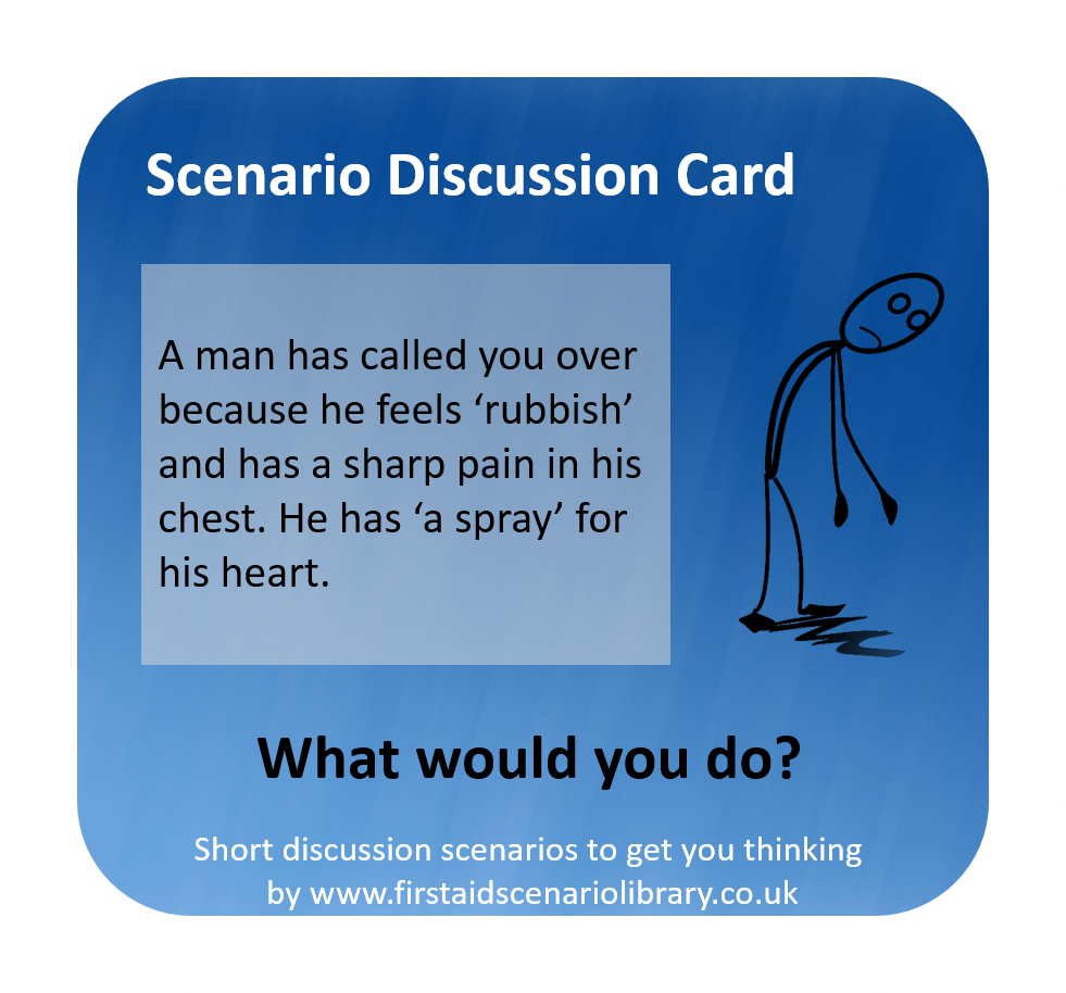 chest pain, heart attack, angina first aid scenario card